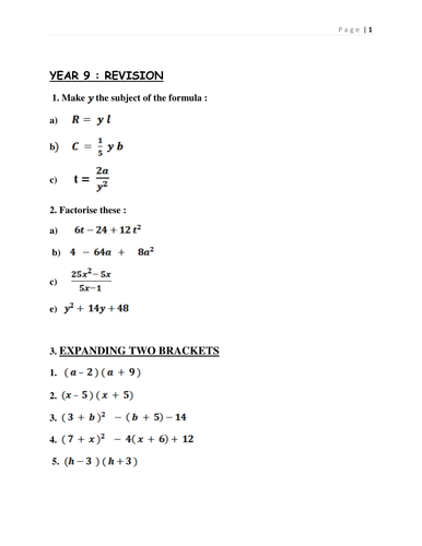 Awesome Algebra Revision for Years 9 & 10