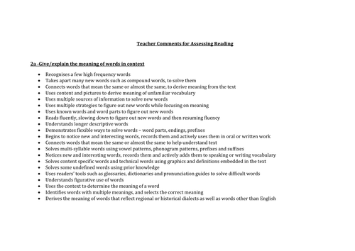Reading Teacher Assessment-A Bank of Comments for Teachers linked to Content Domains