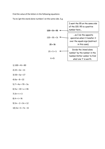 Algebra Worksheet (Linear equations) and 'Steps to Success' success criteria