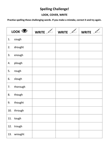 KS3 Spelling Practice Look Cover Write Words With ough 