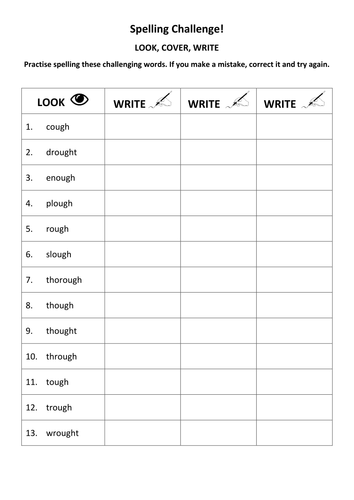 ks3 spelling practice look cover write words with ough