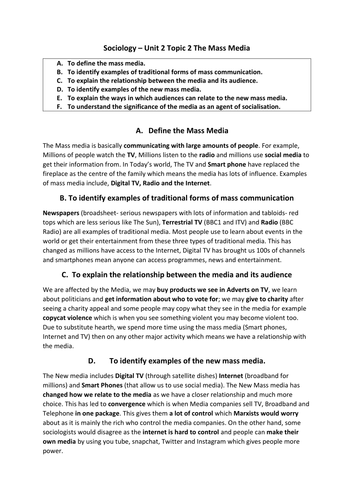 GCSE AQA SOCIOLOGY UNIT 2 MASS MEDIA REVISION NOTES