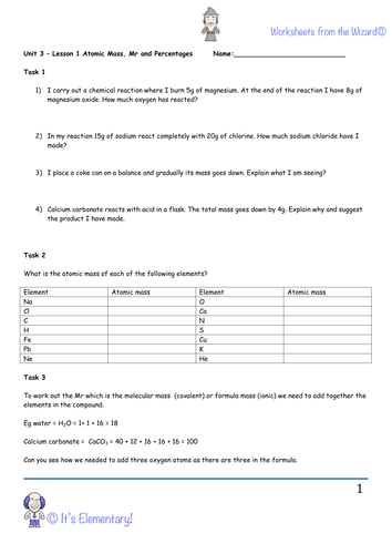 AQA GCSE unit 3 chemistry worksheet - atomic mass, Mr and percentages