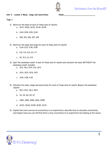 AQA GCSE unit 3 chemistry worksheet - mean, range and uncertainty calculations
