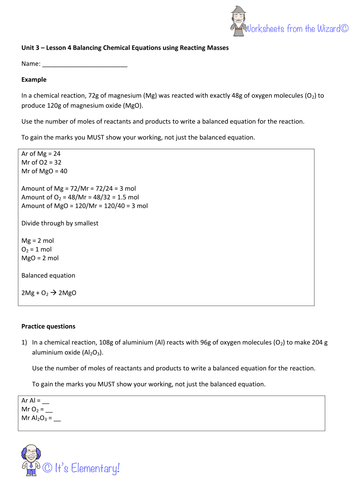 AQA GCSE unit 3 chemistry worksheet - balancing equations using reacting masses