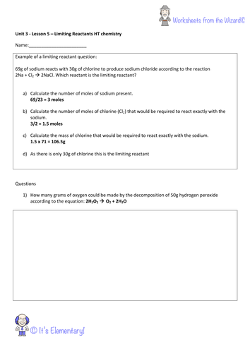 AQA GCSE unit 3 chemistry worksheet - moles calculations to determine limiting reactant