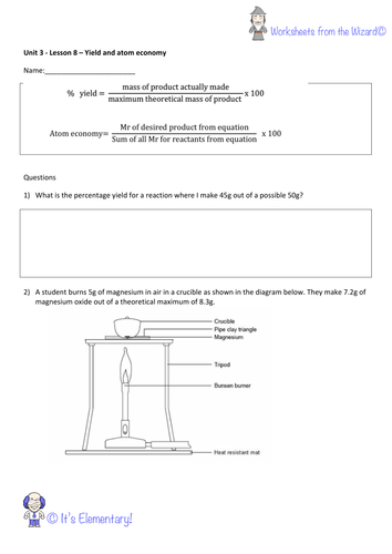 AQA GCSE unit 3 chemistry worksheet - yield and atom economy moles calculations