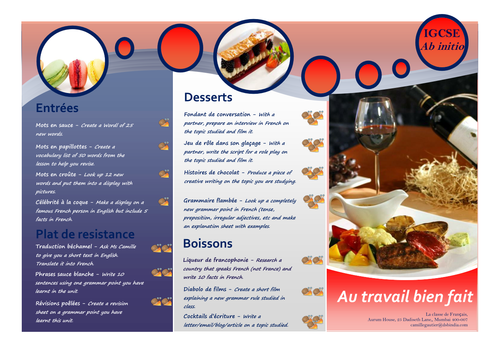 Takeaway homework menu - French IGCSE/Ab initio