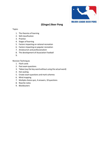 (Ginger) Beer Pong Revision Activity
