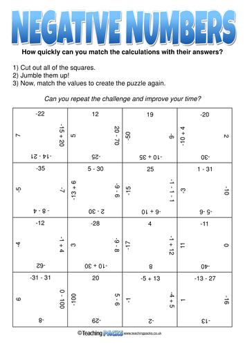 Negative Numbers Jigsaw - Maths Challenge
