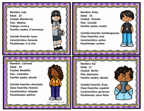 Spanish  Character  Cards ~ All about me (Icebreaker)Hobbies / Jobs / Classes