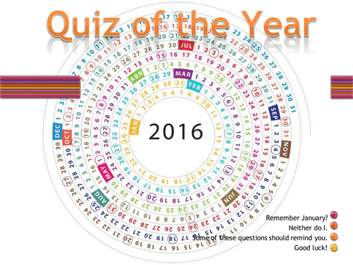 Quiz of the Year ppoint with 120 q's. Ready to use, reminiscing about 2016. Ideal for end of term.