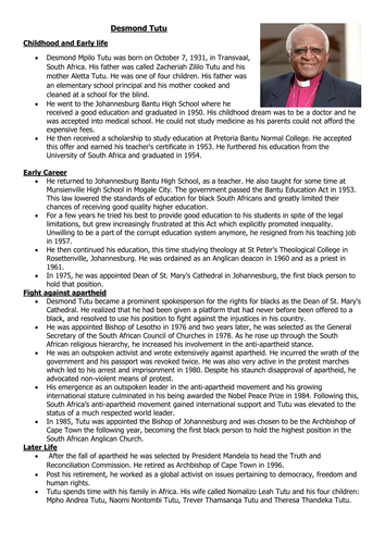 Apartheid Biography examples and resources Year 5