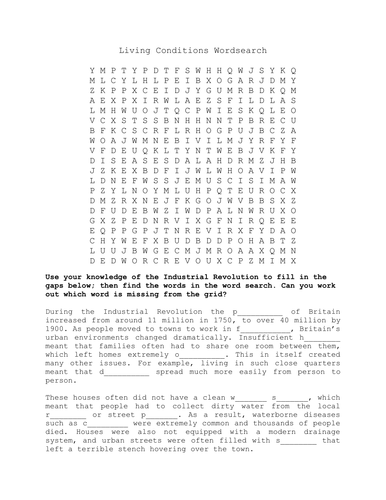 Industrial Revolution: Living Conditions Wordsearch