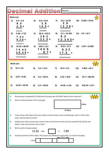 Decimal Addition Worksheet Teaching Resources