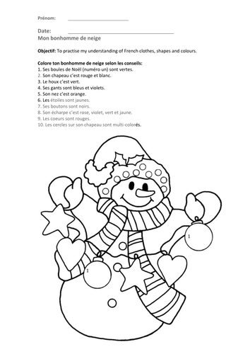 worksheet  snowman and christmas tree  colouring according to french  numbers and shapes  ks1/ks2