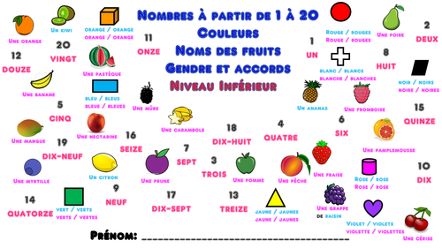 Primary French: Numbers, colours, fruit and gender  (Les vingt jours de l'été) (Lower level version)