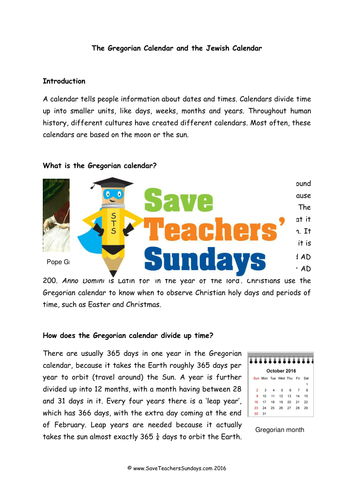 The Gregorian and the Jewish Calendar KS2 Lesson Plan, Information Text and Worksheet