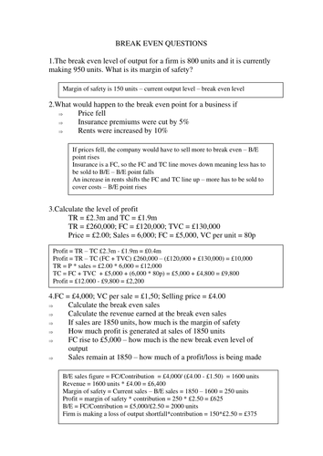 GCSE - Unit 3 - Break Even Analysis