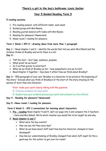 Year 5 Guided reading plans  for There's a boy in the girls bathroom by Louis Sachar