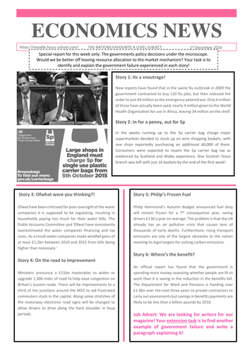 Government Failure Newspaper Worksheet and Powerpoint Presentation