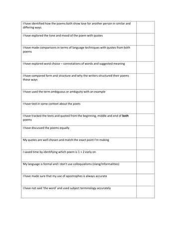 AQA Poetry Cluster 1: Love and Relationships model answer and resources