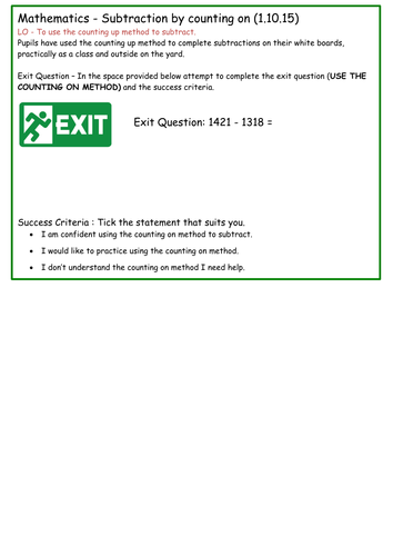 Subtraction by counting on - Exit questions