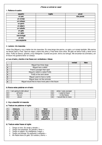 Spanish KS3 Pets / Mascotas / Animales -  Reading & Translation Worksheet