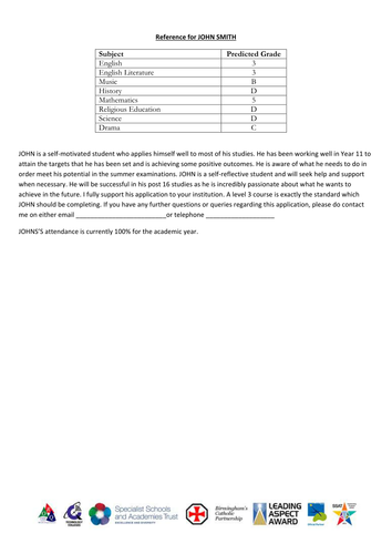 Selection of references for year 11 for college and sixth form applications - college reference