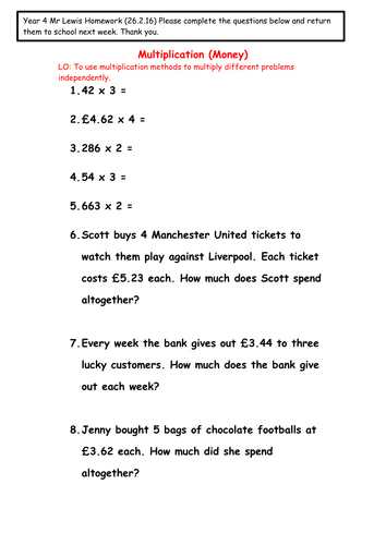 money multiplication year 4 teaching resources
