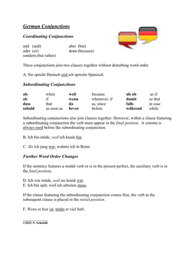 German Conjunctions ~ Handout and Worksheet ~ Konjunktionen