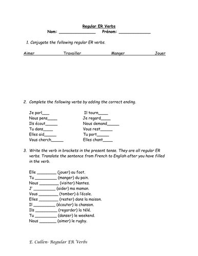 Regular ER Verbs Worksheet