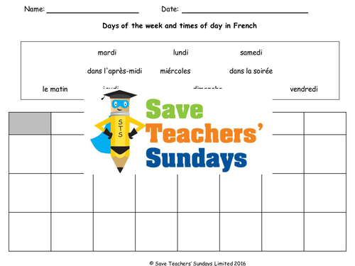 French Times of the day Lesson plan, PowerPoint (with audio), and Worksheet