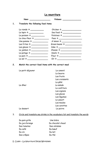 La Nourriture/Food Vocab Worksheet