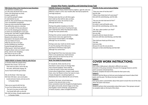 5 Unseen War poems - ideal to set as cover work