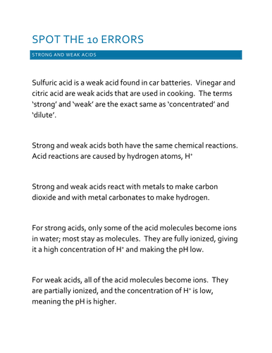 Strong and Weak Acids - Spot the 10 Errors