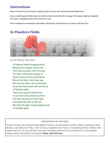 War Poetry - Comparing World War One poems