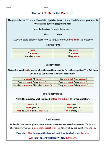 The Verb To Be in the Preterite
