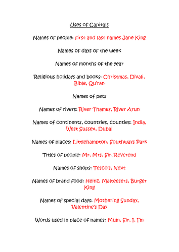 Categories of Proper Nouns Prompt Sheet