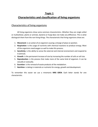 Characterisation and classification of living organisms - IGCSE Biology - CIE