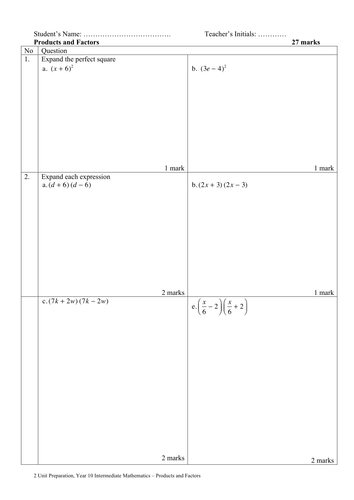 Products and Factors Year 10 NSW Intermediate (5.2) Mathematics