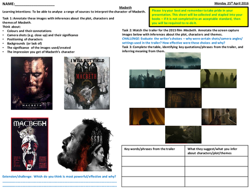 Intro to Macbeth A3 worksheet