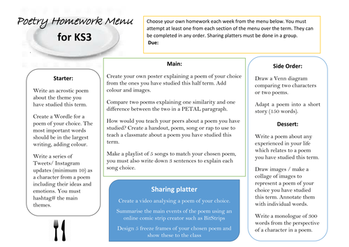 Homework menu KS3 Poetry