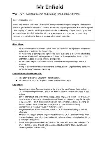 Mr Enfield revision sheet from 'Dr Jekyll and Mr Hyde'.