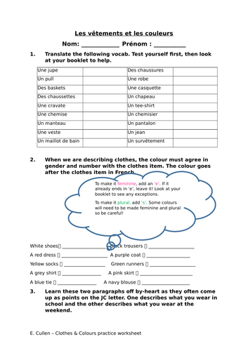 Les Vetements & Les Couleurs - Clothes and Colours Worksheet