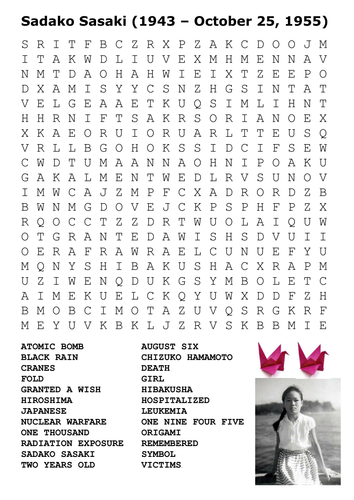 Sadako Sasaki One Thousand Cranes Word Search