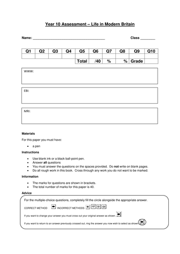 AQA Citizenship GCSE Life in Modern Britain Assessment Exam Style Paper