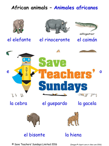 African Animals in Spanish Worksheets, Games, Activities and Flash Cards (with audio)