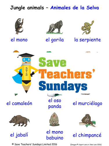 Jungle Animals in Spanish Worksheets, Games, Activities and Flash Cards (with audio)