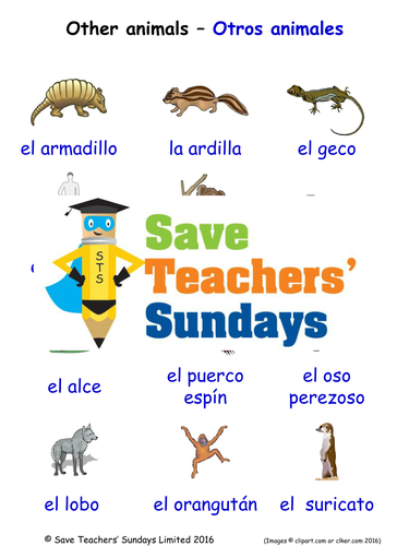 Other Animals in Spanish Worksheets, Games, Activities and Flash Cards (with audio)